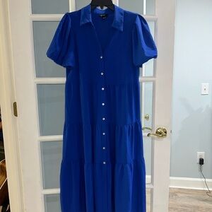 MSK Women's Blue Flowy Dress Ruffled Puff Sleeve Size M Tiered Collared NWOT
